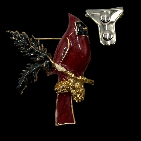 Vtg Cardinal Bird Gold-Toned Pin Brooch on Pine Branch Red & Green Enamel - Picture 6 of 9